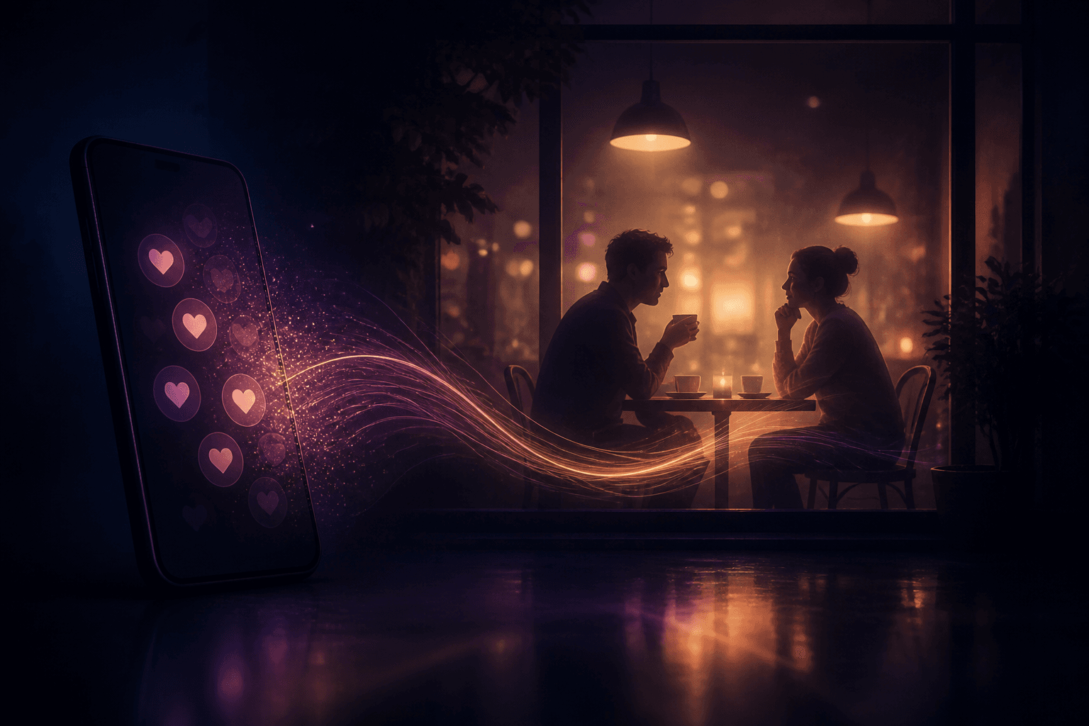 Two people connecting over coffee as phone notifications fade into warm light, symbolizing moving beyond matching toward real connection