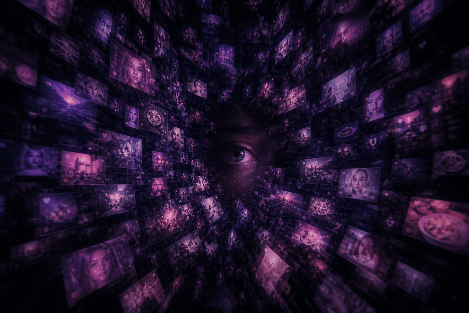 A single human eye overwhelmed by an endless flood of generic AI-generated content — pink and purple synthetic thumbnails streaming past on a dark background