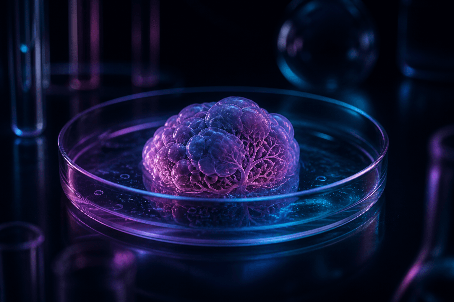A miniature human tissue organoid glowing inside a laboratory test tube — human biology brought into the experiment