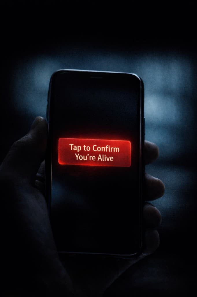 Phone screen glowing red with the notification: Tap to Confirm You're Alive